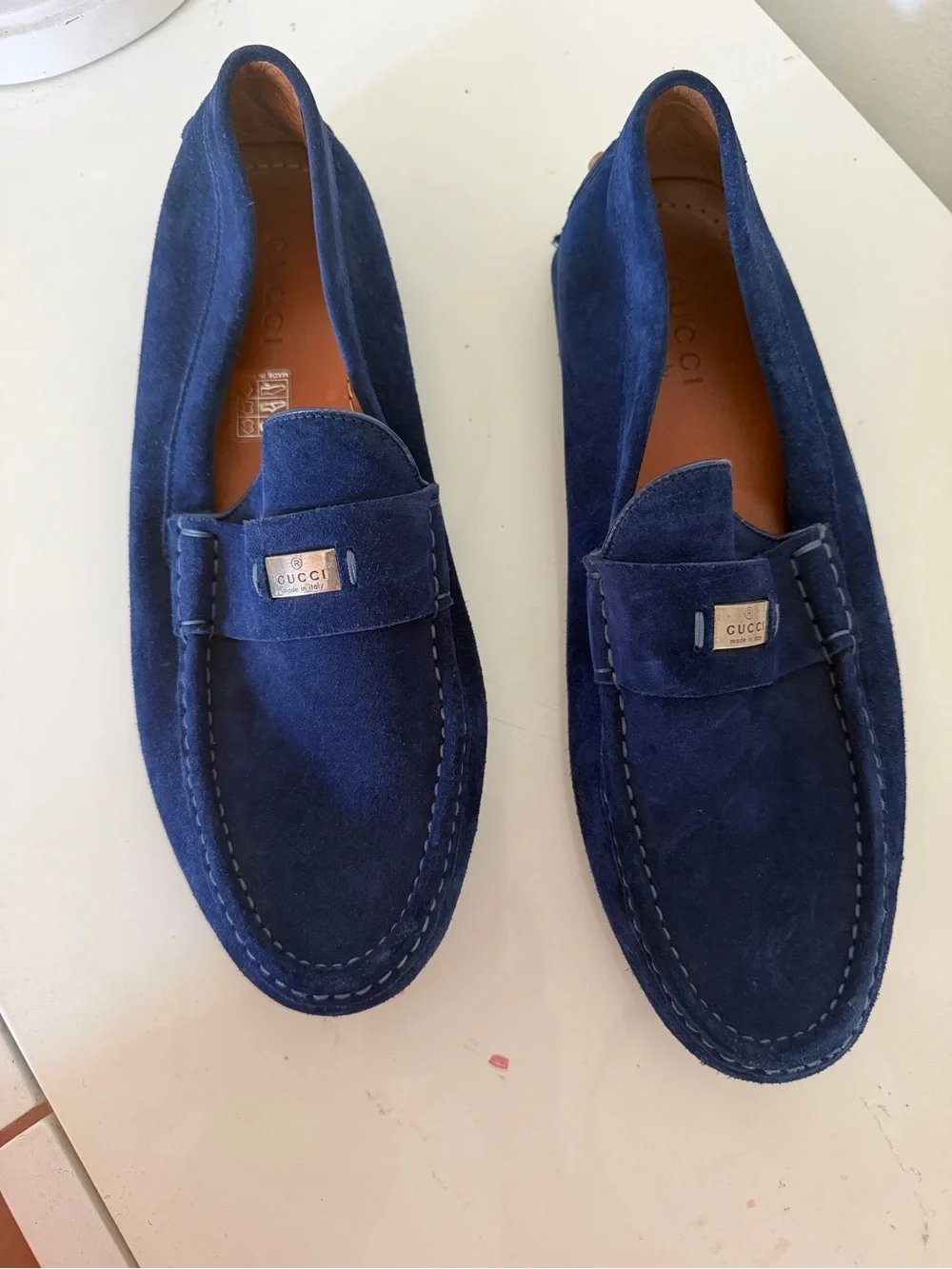 Gucci Men’s Navy Suede Loafers with Silver Logo Plaque